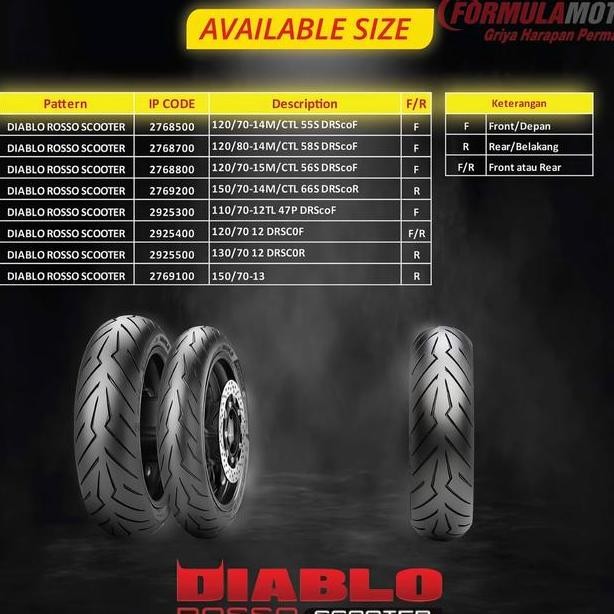 Pirelli Diablo Rosso Scooter Ring 13 Tubeless All Size Ban Tubles Motor Nmax Adv Pcx160 Ukuran 11070