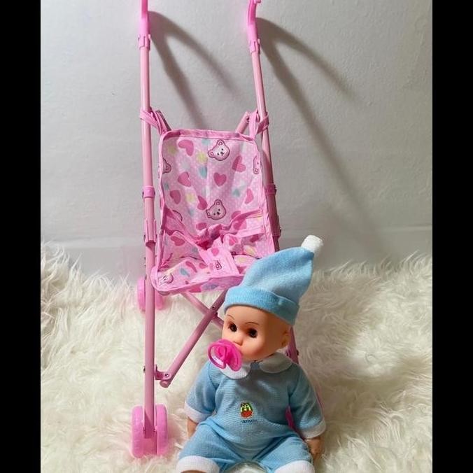 Mainan Bayi Stroller + Boneka Bayi Botak Mainan Anak Perempuan Laki-Laki Termurah