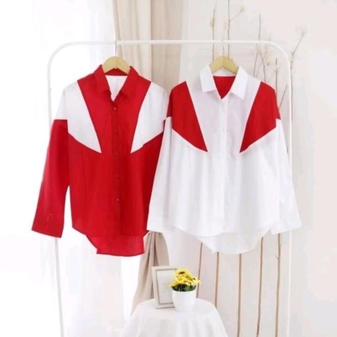 Atasan Kemeja Wanita Lengan Panjang Merah Putih / Kemeja Merah Putih