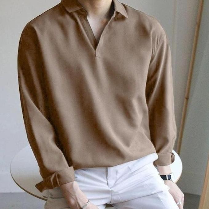 Kemeja Pria V-Neck Polos Lengan Panjang Marison / Atasan Kemeja Pria V-Neck Casual Lengan Panjang Ko