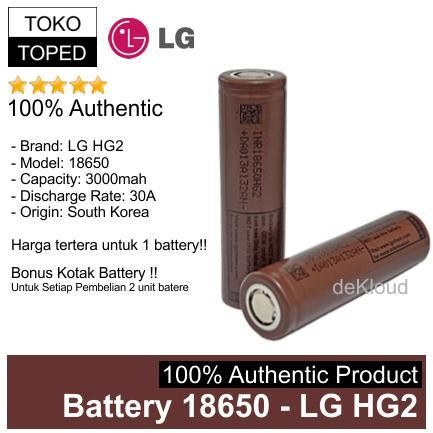 Authentic Battery 18650 Lg Hg2 3000Mah | Original Batere Batre Baterai