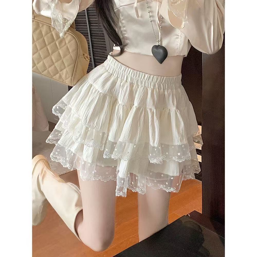 A Rok Lipit Dasar Renda Setengah Rok Wanita Rok Kue Ruffle Serbaguna