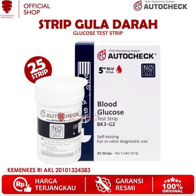 AUTOCHECK BLOOD GLUCOSE TEST STRIP CEK GULA DARAH REFILL ISI 25 STIK MEDIS STIK  GULA ORIGINAL DAN T