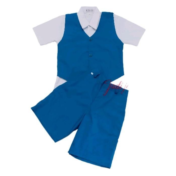 Bts 1 Set Baju Setelan Seragam Anak Tk Biru ( Baju+Rompi+Celana/Rok) Lengan Pendek