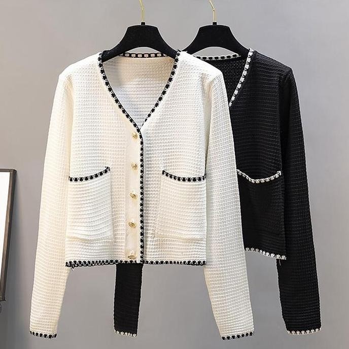 khaefashionAtasan Crop Top Kardigan Rajut Wanita Lengan Pendek Outer Sweater Korean Style Hitam Puti