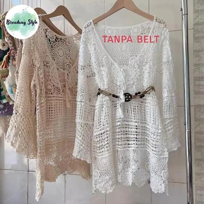 Outer Tribal Ethnic Bohemian Crochet Rajut Sulam Baju Luaran Wanita Lengan Panjang Crop Top Bali Pan
