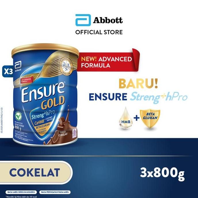 

terbaru ensure gold strengthpro cokelat 800gr nutrisi rendah laktosa paket 3pcs