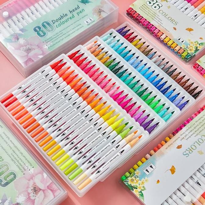 

12-60 COLORS DOUBLE HEADS MARKER PENS SET WATERCOLOR DRAWING BRUSH PEN HIGHLIGHTERS SCHOOL SUPPLIES HIGHTUNE SPIDOL STATIONERY PLASTIC ORIGINAL DAN TERPERCAYA