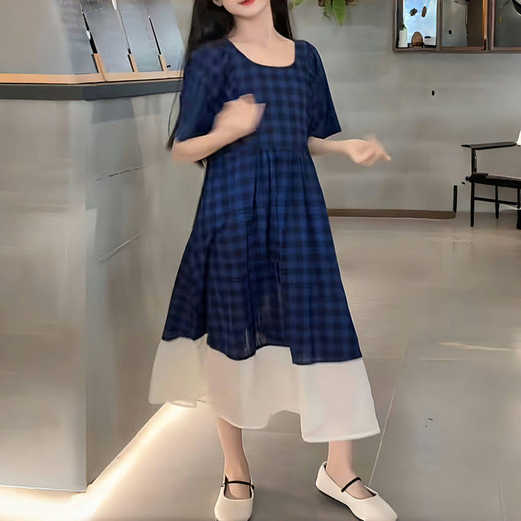 Gaun Musim Panas Patchwork Biru Dongker Kotak-Kotak untuk Gadis