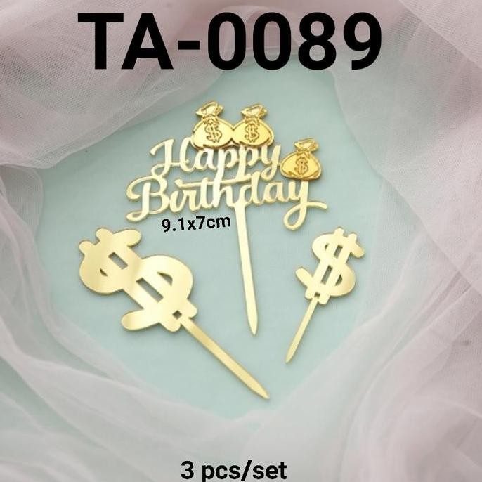hanya disini] TA-0089 Cake topper akrilik happy birthday uang dollar kantong emas