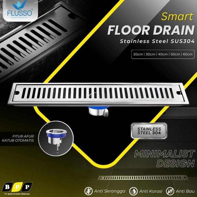 Flusso Floor Drain Saringan Air Kamar Mandi Panjang Stainless Afur Katub Otomatis Kuningan | Saringa