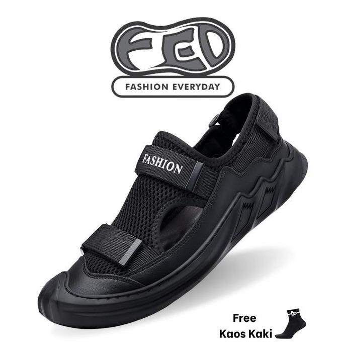 FED Sandal Pria Okayama Black Sendal Anti Licin Berventilasi Untuk Santai outdoor Hiking Pantai