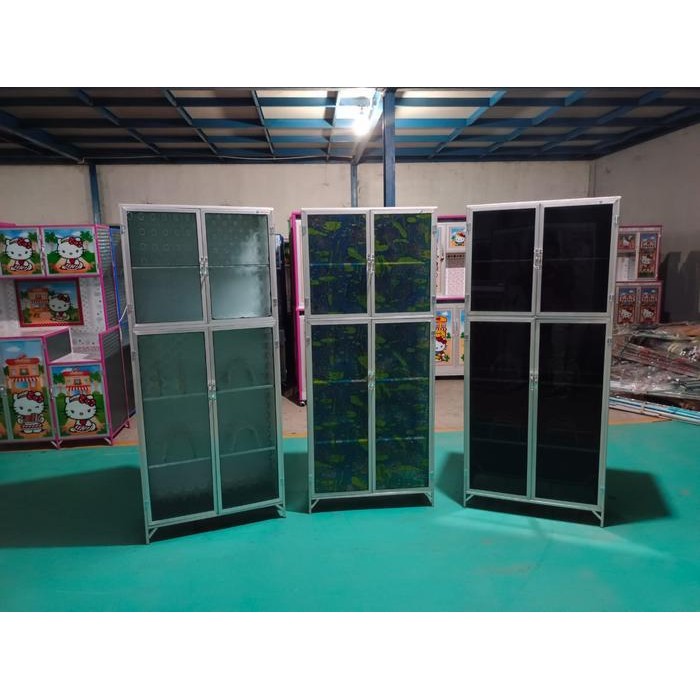 Lemari Dapur Rak Piring Full Kaca 4 Pintu Bahan Aluminium