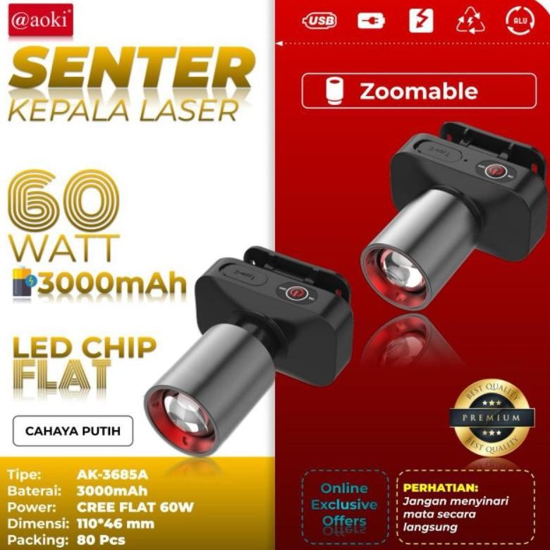 Aoki Senter Kepala Led Zoom AK-3685A & AK-3686K 60W / Cahaya Super Terang / Jarak Jauh Laser / @AOKI