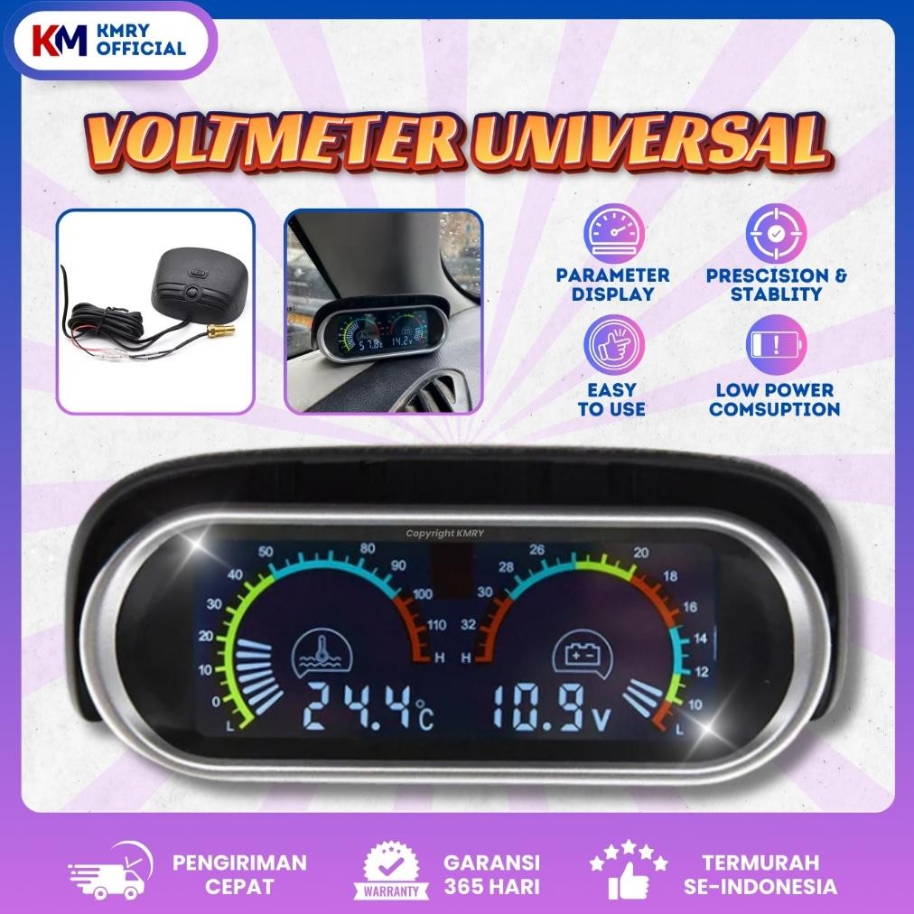 KMRY Voltmeter Universal 2 in 1 12V/24V LCD Motor Mobil Digital Hzontal Gauge Water Temperature