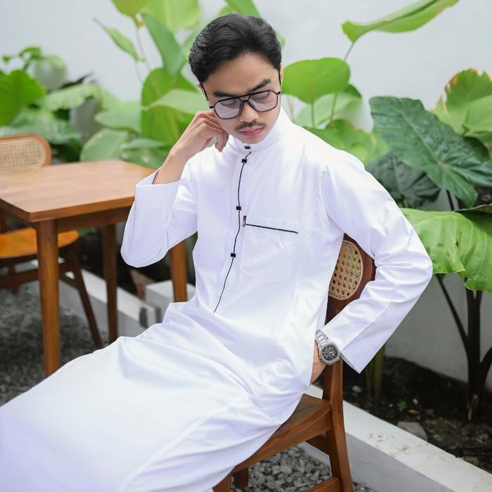 Gki Jubah Pria Muslim Gamis Slimfit Premium Tangan Panjang Oblong Motif Aplikasi Garis Dewasa Putih 