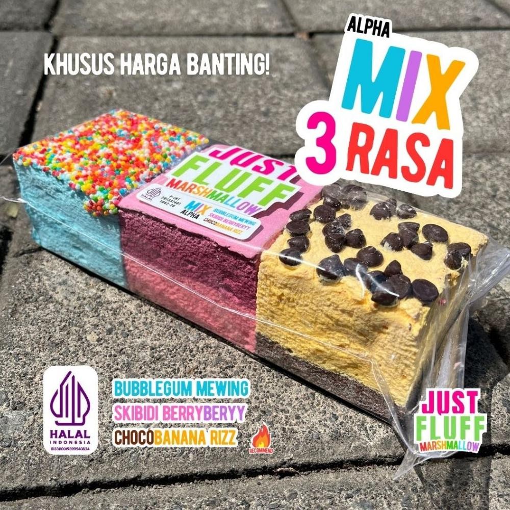 

Marshmallow JustFluff MIX ALPHA [3 KOTAK 3 RASA] JustFluff Marshmallow [1 PACK]
