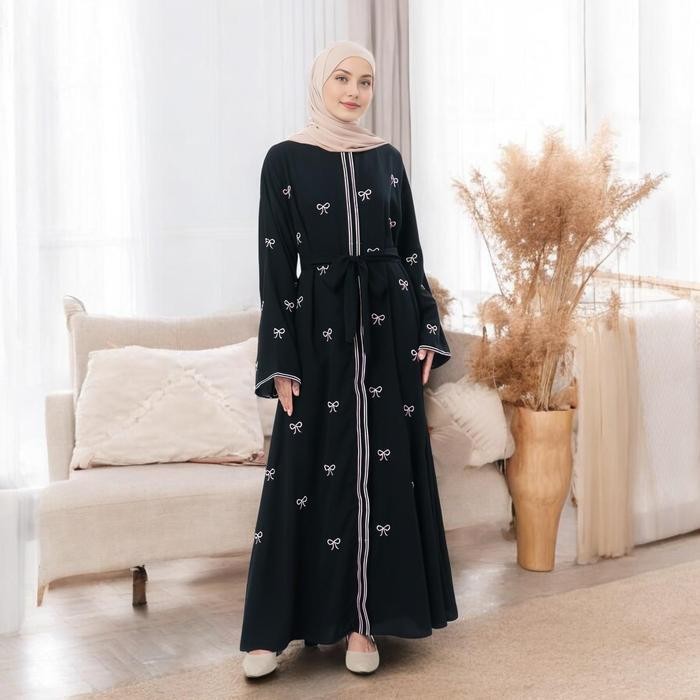 Munna Abaya Baju Gamis Hitam Motif Bordir Pita Bahan Jetblack Premium Anti Uv Ootd Daily Hijab 2025