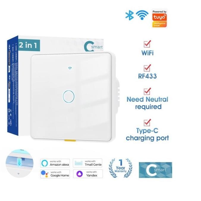 Tuya RF433 Wifi Smart Switch Dengan USB Type-C  RF 433 Smart Home Light Touch Wall Switch 1 Gang 2 G