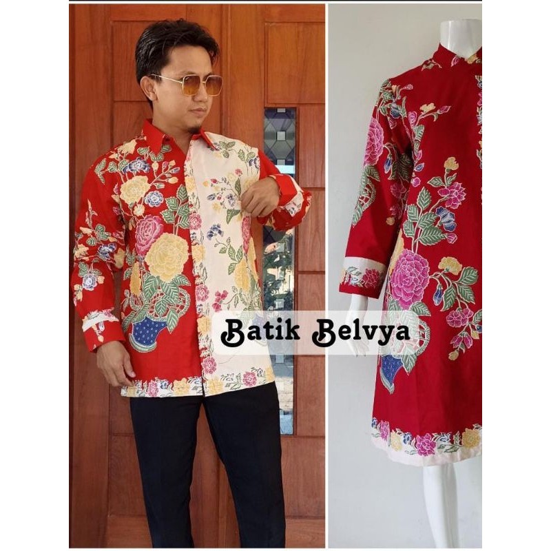 Set coupel tunik dan kemeja motif bunga putih / Batik sragen sogan/ batik tulis  lawasan / batik sol