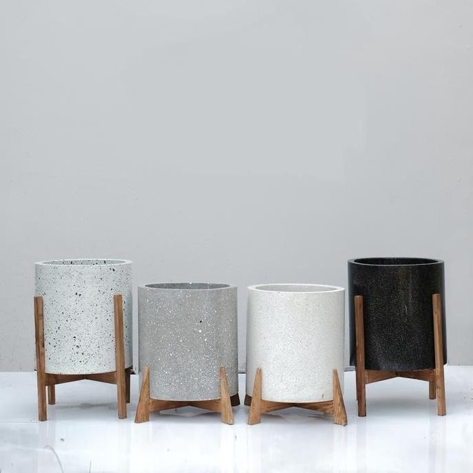 Original Pot Tanaman Silinder Concrete + Wood Standing Modern Minimalis Shopee