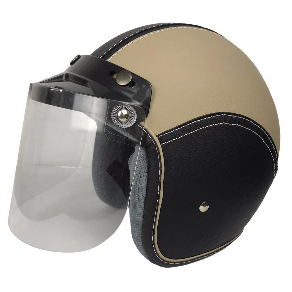 Helm Bogo Kulit Full Leher Hitam Capucino Kaca Datar Bening