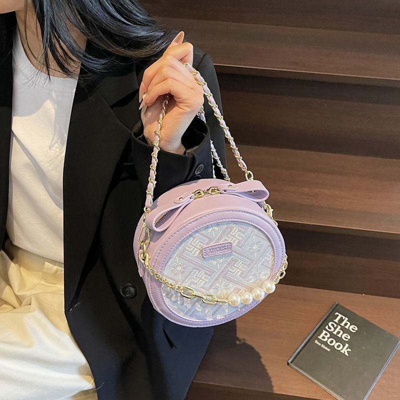 Tas Brokat Niche untuk Wanita, Tas Selempang Rantai Fashion, Tas Bulat Kecil Trendy
