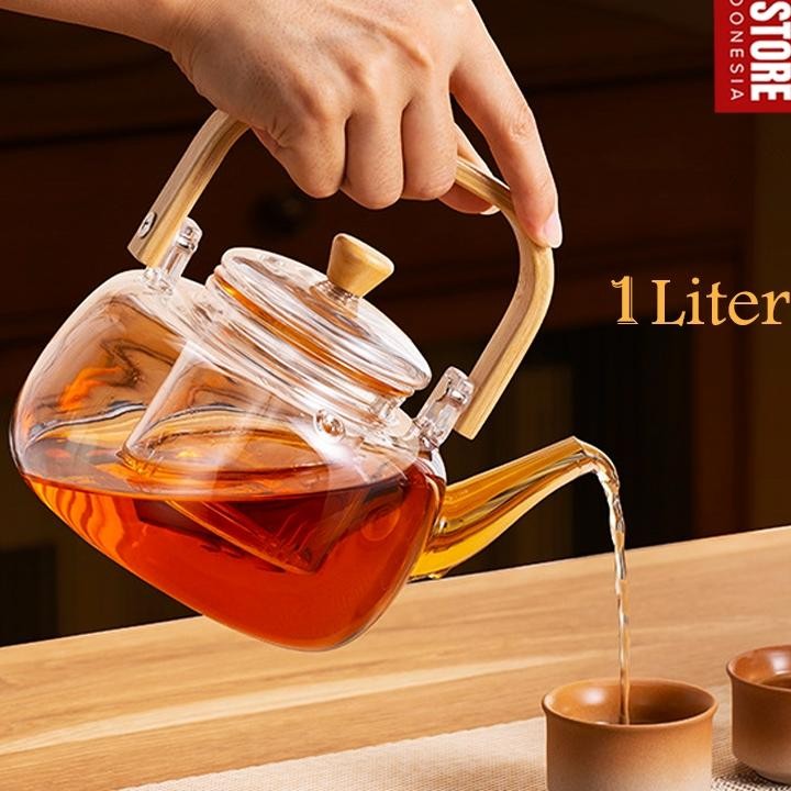 Teko Saringan Rempah Teapot Infuser Kaca Teko Air Panas 1 Liter Teko Teh Tahan Panas Dan Api Teko Ka