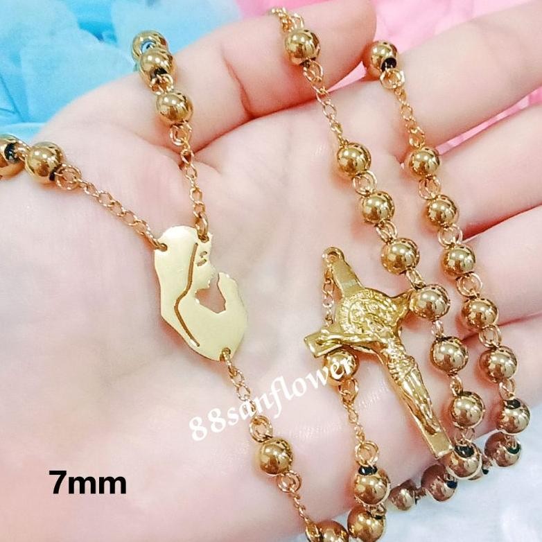 Siap Kirim Kalung Rosario Titanium Emas & Silver - Medali Bunda Maria St Benedict Katolik Anti Karat
