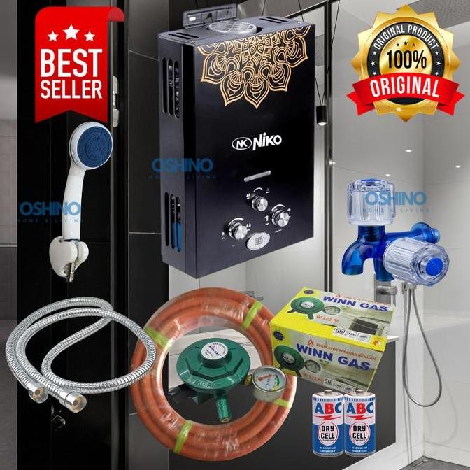 Paket Komplit Water Heater Niko Berwarna Hitam Dengan Pemanas Air Gas Untuk Kamar Mandi, Dilengkapi 