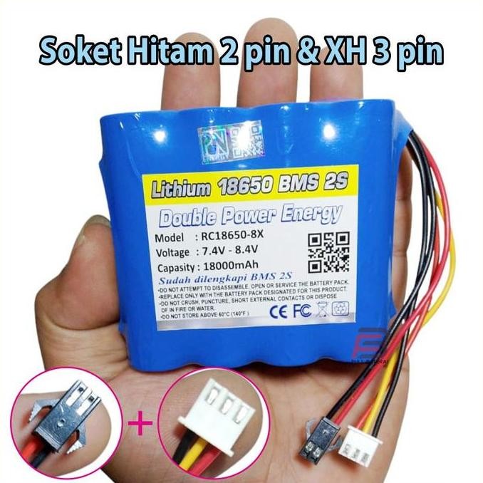 Baterai Lithium 18650 7.4V - 8.4V 10000Mah, Batre Speaker,Soket Molex Vh,Ph,Xh, Hitam 2 Pin & 3 Pin