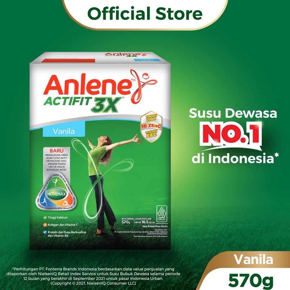 

NO_MORE Anlene Actifit 3X Susu Bubuk Dewasa Vanila 570g - Nutrisi Tinggi Kalsium Untuk Tulang, Sendi, dan Otot