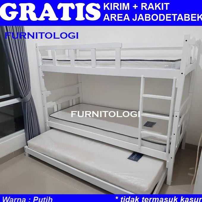 Ranjang susun Kayu + Sorongan Kayu 90x200 Ranjang 3 Tingkat Ranjang Susun Kayu Dipan Tingkat Nugi