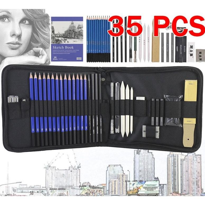 

35PCS/Set Sketch Pencil Pisau Penghapus dan Pensil Gambar untuk Keperluan Sekolah Pencil Drawing Set Nugi