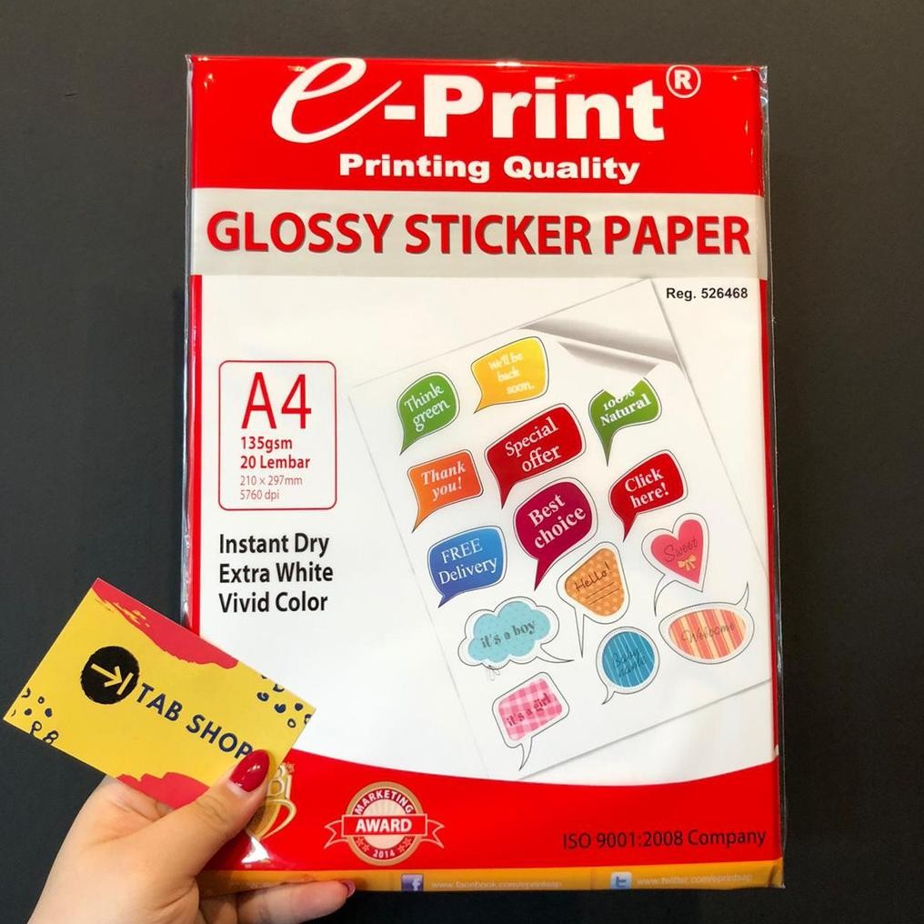 

TAB SHOP - EPRINT GLOSSY STICKER PHOTO PAPER A4 135 GSM 20 SHEETS - E-PRINT KERTAS STIKER MENGKILAP A4 135 GSM Nugi