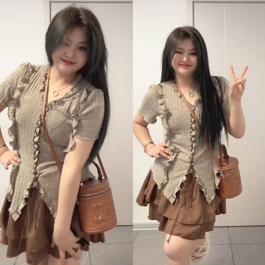 New Design Lotus Leaf Retro Top Short Sleeve Half Skirt Slimming Set