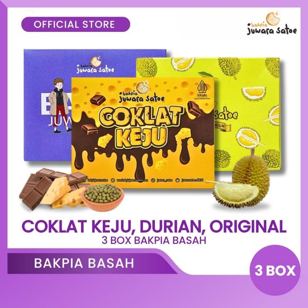 

NO_MORE BAKPIA JUWARA SATOE [ 3 Box ] Paket Bakpia Basah (Coklat Keju, Durian, Original) - Oleh Oleh Khas Jogja