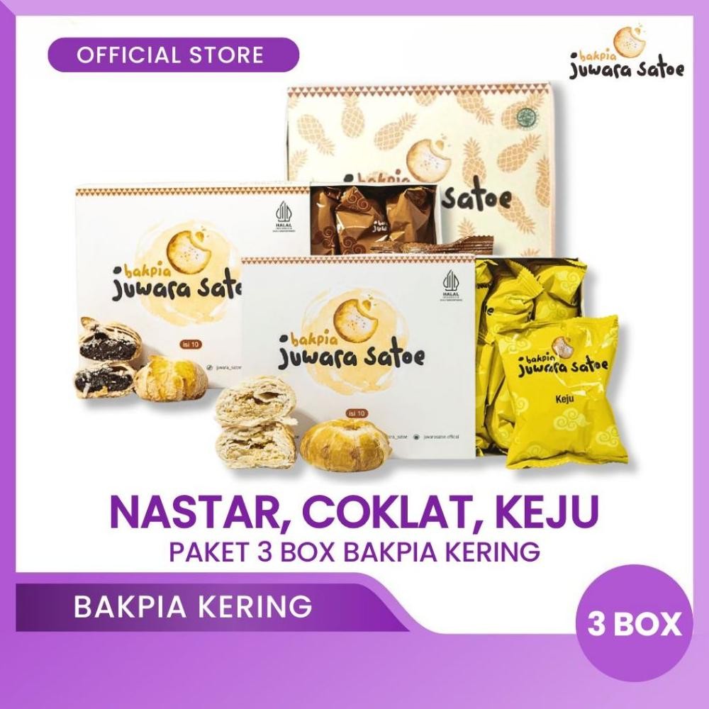 

NO_MORE BAKPIA JUWARA SATOE [ 3 Box ] Paket Bakpia Crispy (Nastar, Coklat, Keju) - Oleh Oleh Khas Jogja