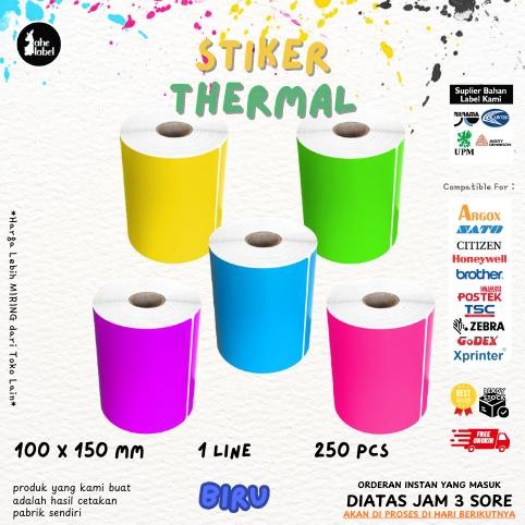 Kertas Label Thermal 100x150 mm isi 250 Pcs/ Label thermal barcode Roll A6 Stiker Resi Warna Nugi