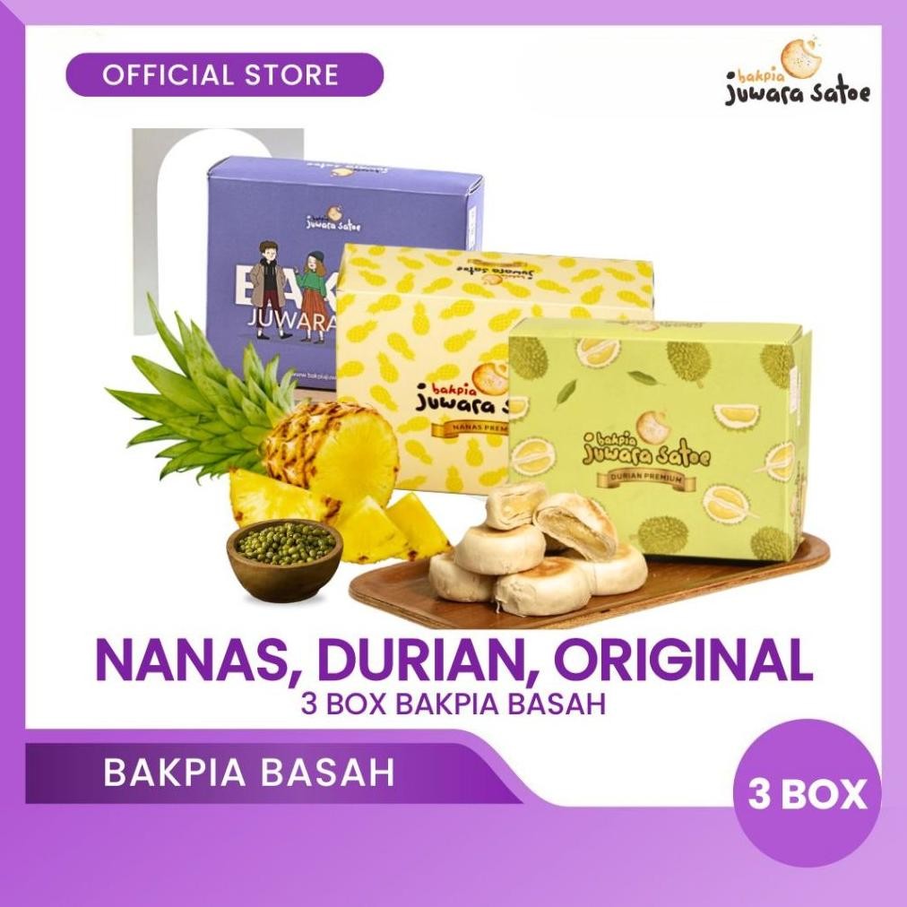 

NO_MORE BAKPIA JUWARA SATOE [ 3 Box ] Paket Mix Combo Bakpia Basah (Nanas, Durian, Original) - Oleh Oleh Khas Jogja