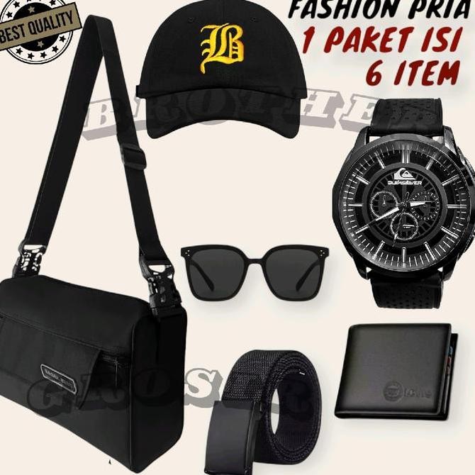 Paket Terkeren Fashion Pria: Tangan Analog + Tas Selempang + Topi + Kacamata + Ikat Pinggang Kanvas 