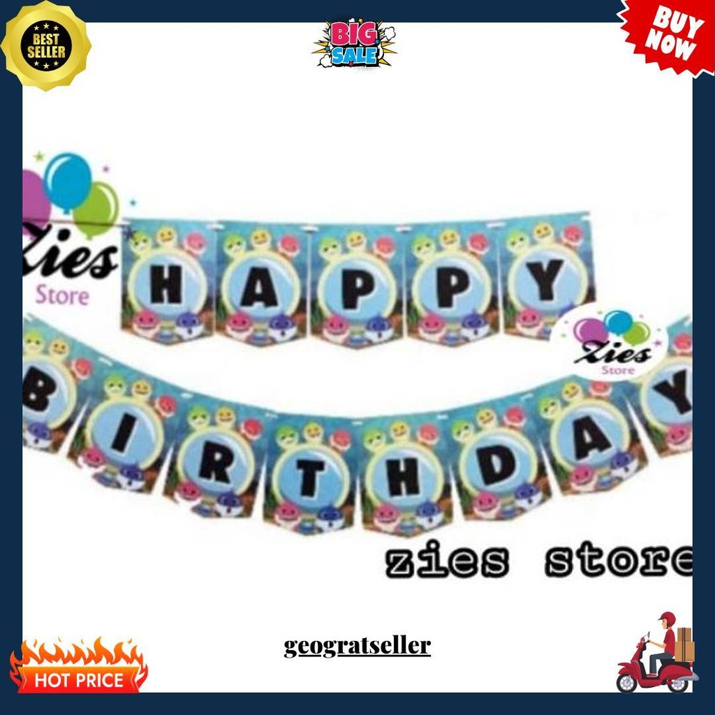 Banner Happy Birthday Baby Shark / Banner Ulang Tahun Baby Shark Gratis Ongkir