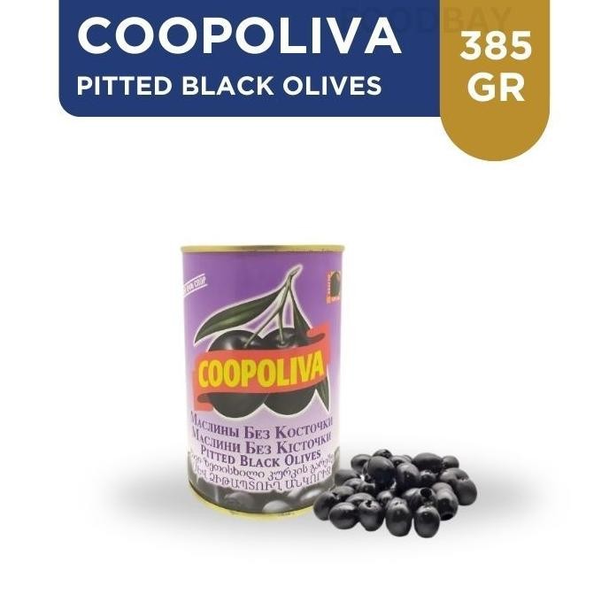 

COOPOLIVA Black Pitted Olives Buah Zaitun Utuh 385 Gr aSt
