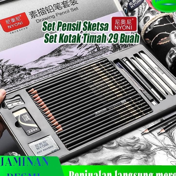 

Nyoni Sketch Drawing Pencil Pensil Grafit Charcoal Arang 29 Pcs Set Tin Case