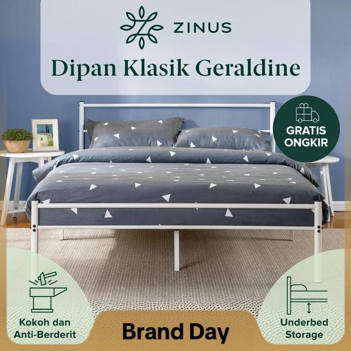 Zinus Tempat Tidur Ranjang Besi Geraldine / Warna Putih / Dengan Sandaran / Easy Assembly / Tinggi  