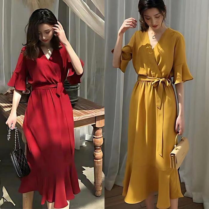 Dd Long Dress Vneck Mustard/Dress Korean Kekinian/Maxi Dress Vecka 1290#