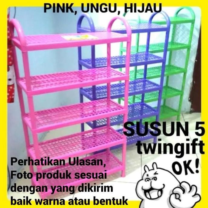 Rak Sepatu Plastik Susun 5, Hijau, Ungu Dan Pink