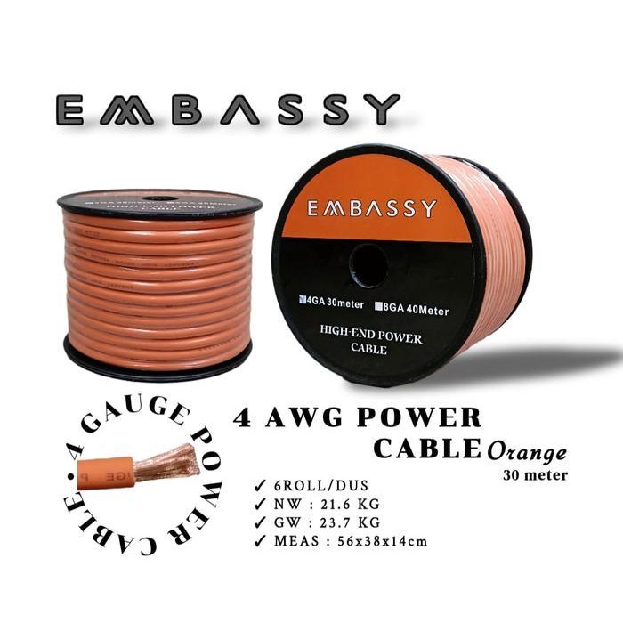 Kabel Audio Embassy 4 AWG 30 Meter Power Cable Embassy Orange 4 AWG Original Terbaik Berkualitas