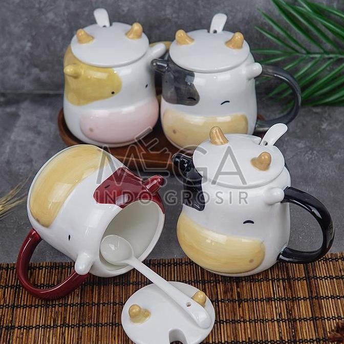Mug Keramik Sapi Cow Sendok Gelas Ceramic Minum Kopi Teh Premium Impor