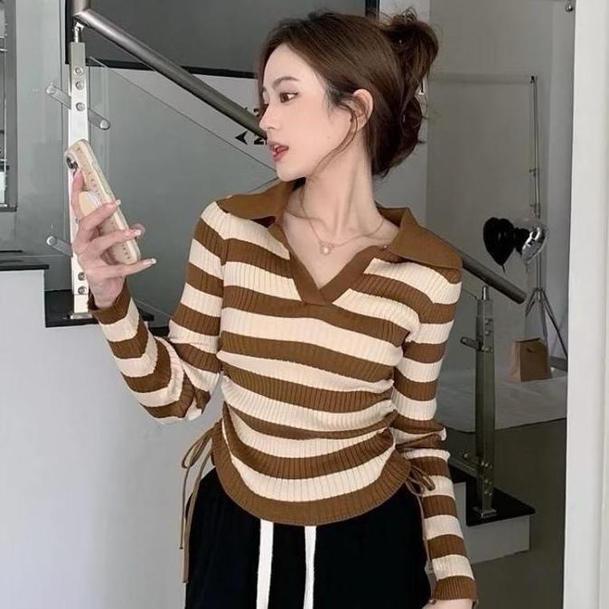 (Allthebest) Atasan Rajut BerKerah Polo Tali Salur Tangan Panjang / Atasan Vneck Crop Top Blouse Str